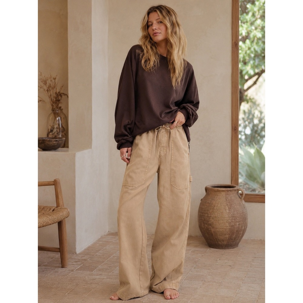 Aerie Drawstring Wide Leg Carpenter Pants XS Beige Tan Utility Relaxed Casual